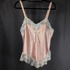 Vintage 80s Coquette Satin Pink and White Lace Cami Size Large by Beth Michaels
